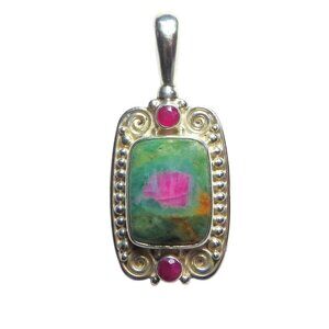 Vintage Sajen 925 Sterling Silver Jeweled Ruby in Fuchsite Pendant with Rubies